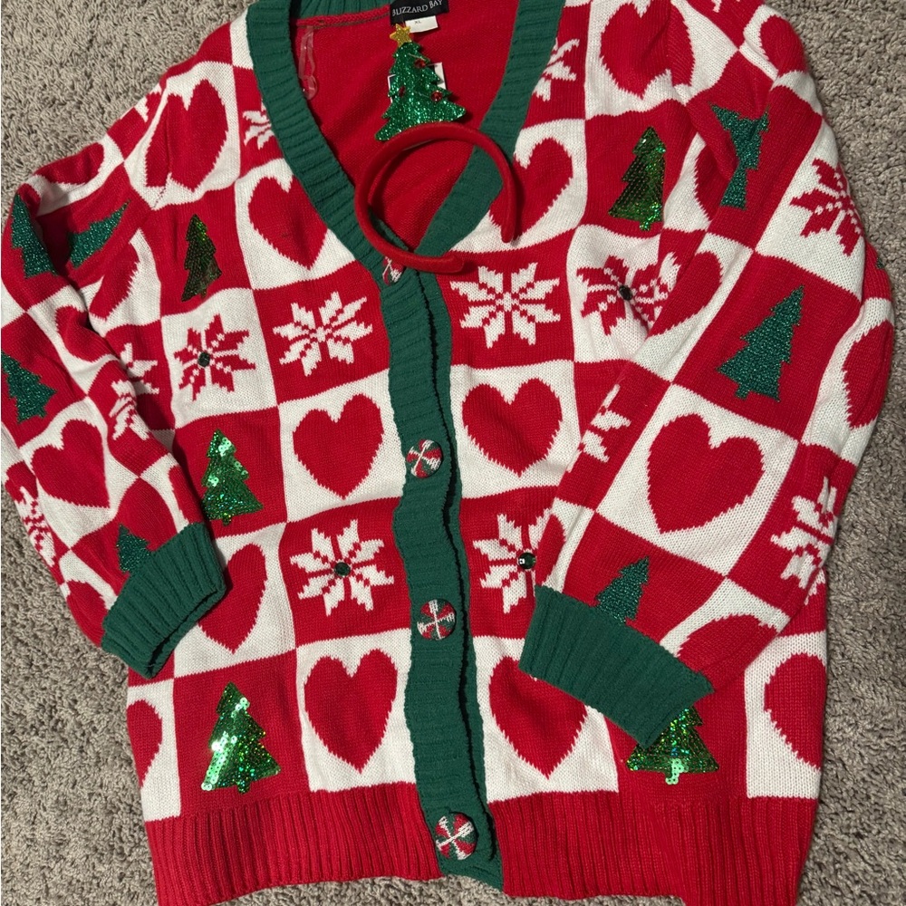 NWT Christmas tree cardigan with headband